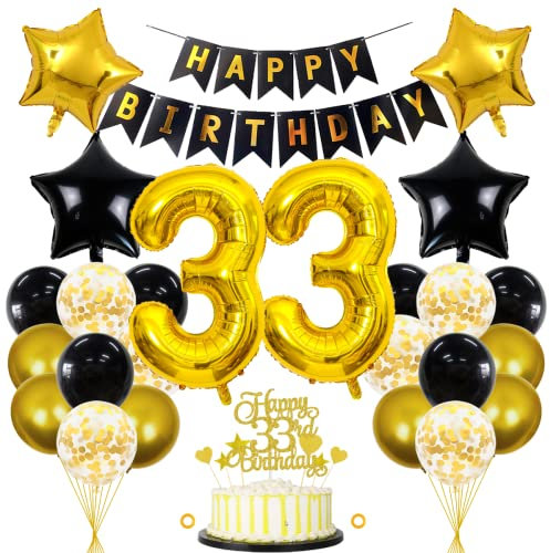 Jxuzh 33. Geburtstag Dekorationen Schwarz Gold - Deko für Männer und Frauen - Luftballons, Girlande, Kindergeburtstag Set - 33 Jahre Feier