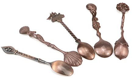 Tighall Vintage-Kaffeelöffel im königlichen Stil, geschnitzt, Dessertlöffel, antiker Teelöffel, Mini-Geschirr, Eiscreme, dekorative Löffel für Café, Küche, Esszimmer, Bar (5 Stück, Rotbronze)