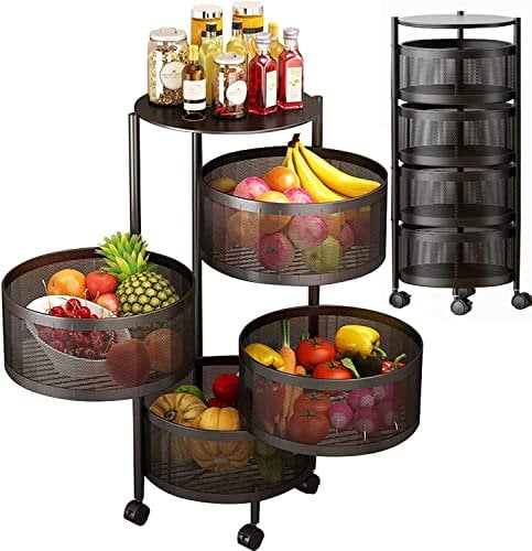 ybaymy Carrello girevole a 5 livelli, scaffale da cucina rotondo girevole, carrello da portata in metallo, carrello da cucina, scaffale da cucina, freni, facile da montare, lavanderia, nero