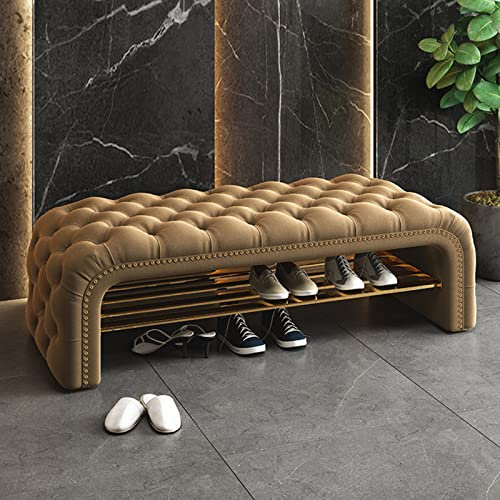Ottomane-Bank mit Stauraum aus Samt, luxuriöse Knopf-Tufting-Eingangsbank, Moderne Akzent-Ende der Bettbank für Zuhause, Schlafzimmer, Wohnheim, Wohnzimmer(100x40x45cm(39x16x18), Khaki)