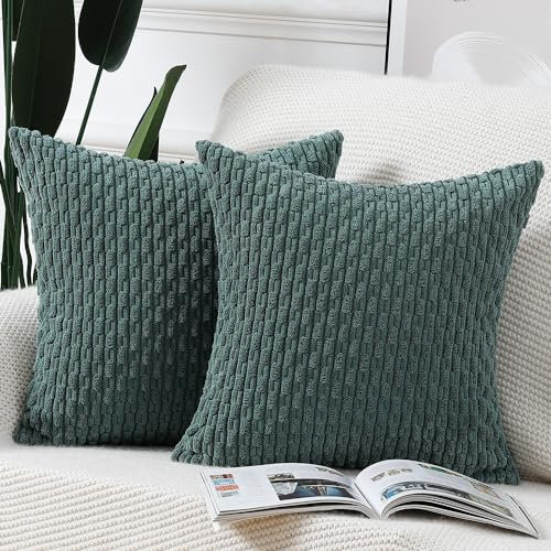 Madizz 2er Set Boho Gestreifte Kissenbezüge Weicher Kord Dekorativer Kissenbezug für Schlafzimmer Sofa Kissenhülle Dunkelgrün 35 x 35 cm