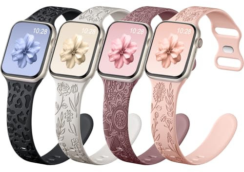 Upeak 4 Pack Bracelets Gravés Compatible avec Bracelet Apple Watch 40mm 41mm 38mm Femme, Silicone Fleurs Mignonnes Léopard, Band Sport pour Bracelet iWatch Ultra SE Series 9 8 7 6 5 4 3 2 1, Set D