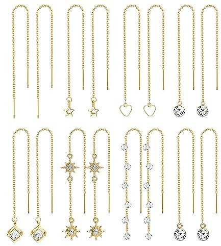 KALVICA 8Paar Ohrringe Hängend Damen Mädchen Edelstahl Lange Kette Quasten Ohrringe Stern Herz CZ Leichtgewicht Einfädler Tropfen Ohrringe Set Silber/Gold