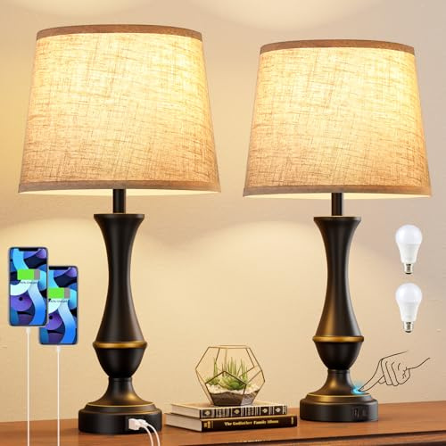 Touch Lamps for Nightstand, 3 Way Dimmable Lamps for Bedroom with USB C+A