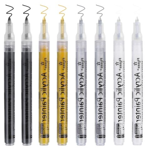 8 Pack Rotuladores Acrilicos para Pintar Piedras, Rotuladores Pintura Acrilica de 0,7 mm, Rotuladores Acrilicos Punta Fina Metalicos, para Roca Tela Metal Vidrio Madera (Negro Blanco Dorado Plateado)