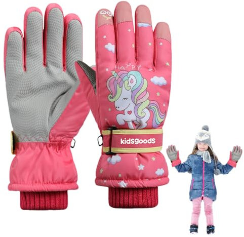 ZOESURE Wasserdichte Skihandschuhe für Kinder - Warme Winterhandschuhe Mit Niedlichem Cartoon-Design - Outdoor Snowboarding für 6-12 Jahre (Rosa)