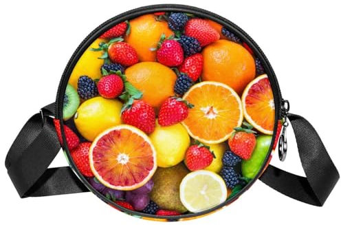 FVQL Kleine Umhängetasche für Damen, runde Umhängetasche, Handtasche, Früchte Erdbeere Orange Zitronenmuster
