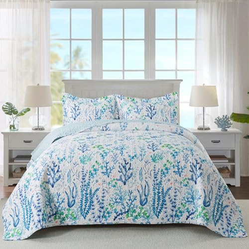 Travan Beach Quilt King Size, Ultra Soft & Fade Resistant Coastal Quilt Set with 2 Shams, Coral Print All Season Undersea World