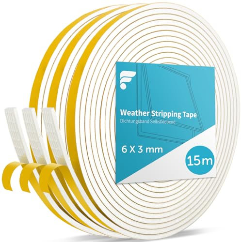 shinfly 15M Joint Fenêtre Isolation, 6mm (L) x 3mm (H) Joint Porte d'Entrée Mousse Adhésif, Anti-froid Antichoc Isolante Thermique Phonique, Preuve de Collision (Blanc, 5M X 3 Rouleaux)