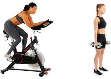 Sunny Health and Fitness Indoor Cycling Wheel W/Magnetic Belt Drive, 136kg Max Weight + Adjustable 15 KG Dumbbell Set W/Carry Case, Space Saver, Secure Quick-Lock, Anti-Slip Steel Handle