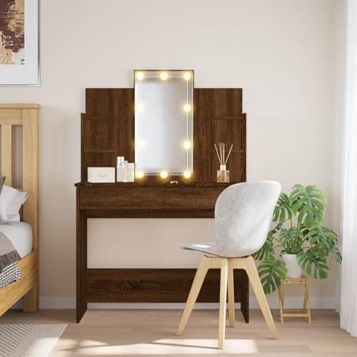 Rantry Mobile Toeletta con Luci LED Rovere Marrone 96x40x142 cm, Toeletta Trucco, Tavolo da Trucco, Sgabello Toeletta Trucco, Mobile Trucco, Toilette Trucco Luci