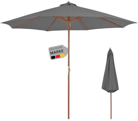 DELUKE® Sonnenschirm aus Holz ANNA Grau | HxB 258x300cm | Sonnenschirm 300 cm Kurbelschirm Standschirm Sonnenschutz Gartenschirm Balkonschirm klassisch