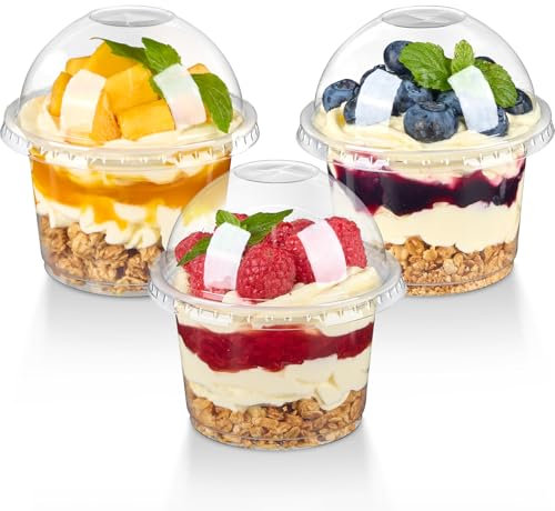 TOFLEN 50 Pack 8 oz Plastic Dessert Cups with Dome Lids, Clear Disposable Yogurt Parfait Cups with Lids, Individual Party Serving Snack Cups for Fruit Dessert Cake Pudding