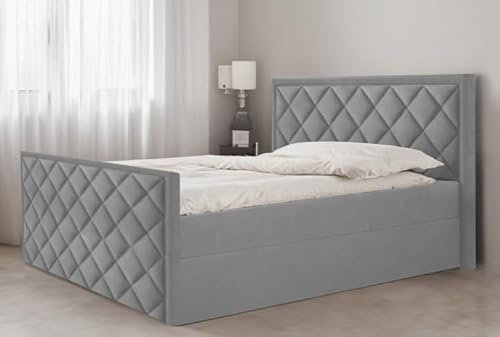 Generisch Bett Doppelbett Boxspringbett mit Fußteil DORI 2 mit Bonell-Matratze und Topper VISCO + 2 Bettkästen, H3 (Grau - Itaka 50, 160x200 cm)