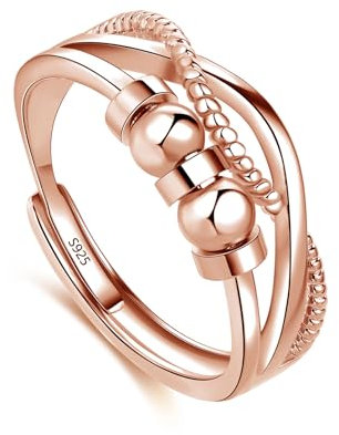 Deyanse Silber Anxiety Ring für Frauren Damen Angst Ring, Offen Einstellbar Anti Stress Rings Verstellbar Stressring, Dekompressionsring mit Perlen, Unendlichkeit Spinner Fidget Ringe für Angst Stress