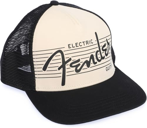 Fender E-Gitarren Kappe, Schwarz und Creme, Verstellbar, Retro Strukturierte Cap, Geschenk für Gitarrenfans