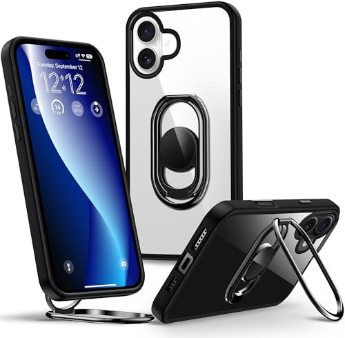 SHIELDS UP for iPhone 16 Case with Stand, Phone Case Clear with Double Ring Holder【Adjustable & Fodable】 Shockproof Protective Cover for iPhone 16 6.1'' - Clear Black