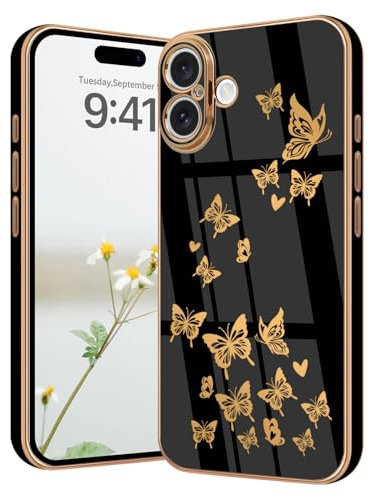 Lonrapa Hülle für iPhone 16 Handyhülle Gold Schmetterling Muster Herz Motiv Silikon Hülle Farbe Galvanisierte Fallschutz Phone Case Cover Stoßfest Schutzhülle für iPhone 16 - Schwarz