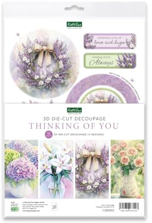 Katy Sue Thinking of You 3D Die-Cut Decoupage Pack. A Pack of 12 Sheets of Die Cuts for Card Making Supplies Featuring Lilies, Lavender, Roses, & Hydrangea