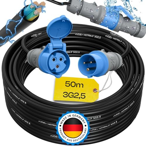 maxgo Camping Stromkabel 50m Wohnwagen Kabel Wohnmobil CEE Stecker Verlängerungskabel 3 Polig 3x2,5 Campingkabel 50 Meter Strom Verlängerung H07RN-F Camper Outdoor Mennekes