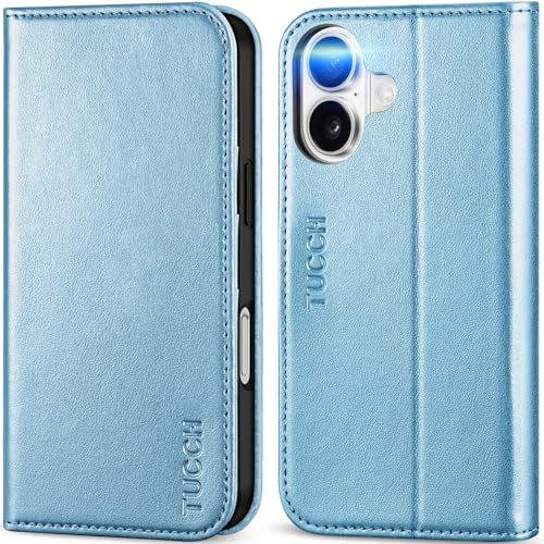 TUCCH Wallet Case for iPhone 16 (6.1) 2024 5G, PU Leather Foldable Case with[RFID Blocking][Shockproof TPU][Viewing Stand] Card Holders, Folio Stand Cover Compatible with iPhone 16, Shiny Light Blue