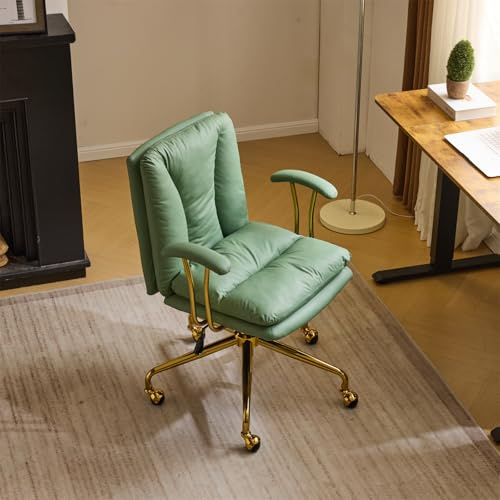 VINGLI Home Office Desk Chair Comfy with Removable Armrests,with/no Wheels Gold Dual-Use Base Makeup Vanity Chair with Back,Adjustable Rolling Swivel Computer Task Chair,Cat Scratch PU,Olive Green