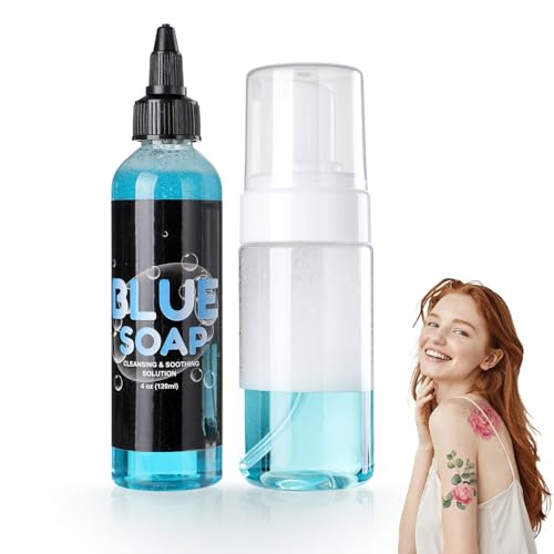 Comioke Tattoo Blue Seife, 120ml/4oz Tattoo Waschmittel Seife, Tätowierseife mit leere Flasche, Flüssigseife zur Hautreinigung während des Tätowierens (Blau)