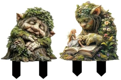 2PCS 2D Green Grass Troll Garden Stake, Garden Decoration for Outdoor Use, Weatherproof Garden Ornaments, Decorative Sculptures for Gardens, Patio Decorations, 23 x 30 cm