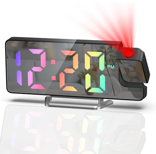 Tisaika Projection Mirror Alarm Clock for Bedroom LED Digital Clocks Bedside with Colorful Digit 180° Rotatable Projector Snooze Date Temperature 12/24H 3-Level Brightness Night Mode for Home Office