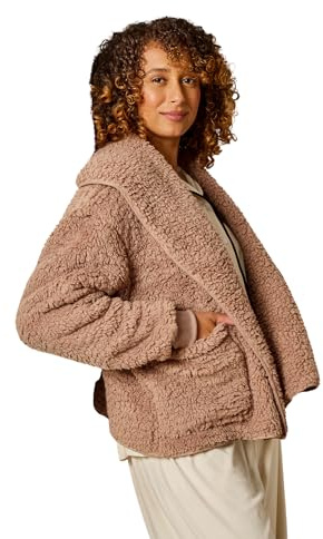 OHS Waterfall Teddy Fleece Cardigan Short Length Open-Front Long-Sleeve Wrap Style Cardigan Sweater with Pockets - Black, Cream, Mink