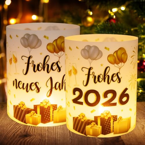 Forbabe 12 Windlicht Tischdeko Silvester, Frohes Neues Jahr 2026 Silvesterdeko Tisch Schwarzes Gold Neujahrs Dekoration Silvester Tischdeko 2026 Party Set für Teelichter/Kerzen zum Garten Party Deko