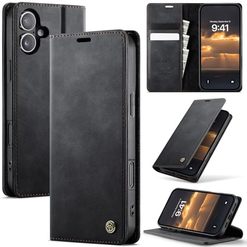 Cracedily Handyhülle für iPhone 16 Hülle Premium PU Leder Klappbar Stoßfeste Tasche Flip Case [RFID Blocker] Magnet Kartenfach Standfunktion Klapphülle Schutzhülle für iPhone 16, Schwarz