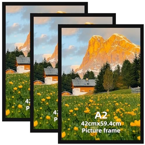 HORLIMER 3er Set Bilderrahmen A2 Schwarz | Hochwertiger Aluminium Rahmen in Matt-Optik | Für 42x59,4 cm Fotos, Poster & Kunstdrucke | Nur für Wandmontage | Dekoration für Wohnzimmer, Büro & Galerie