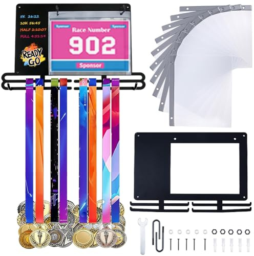 DICOSMETIC | Porta medaglie da parete 25x36 cm con pettorina per medaglie da corsa, display con 10 sacchetti per pettorine, appendi medaglie con gesso e pennarello, regali per corridori e atleti