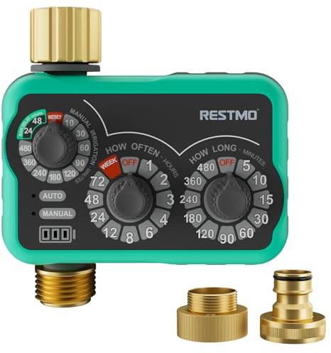 RESTMO Programmatore di irrigazione meccanico a 3 manopole, ingresso/uscita in ottone, timer per tubo, sistema automatico a goccia, fino a 480 min, facile da installare | Ingresso e uscita in ottone, sistema di irrigazione a goccia automatico, fino a 480 min, facile da installare