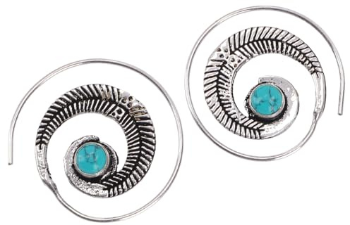 Tribalohrringe aus Messing, Ethnoohrringe, Spirale, silber/Türkis