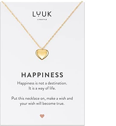 LUUK LIFESTYLE Collier avec pendentif coeur en acier inoxydable et carte HAPPINESS, personnalisé cadeau femme, ado fille, noël, accessoire de mode bijoux, résistant, Or (env. 50cm)