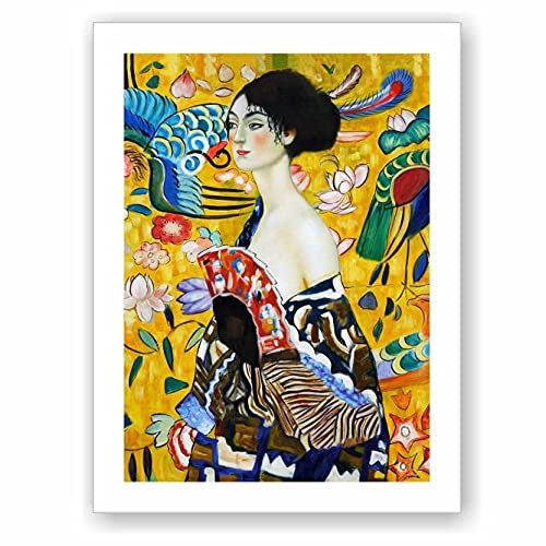 Quadri L&C ITALIA Klimt Donna con ventaglio - stampa su tela 60x80 cm ad alta risoluzione canvas senza telaio o cornice arredamento salotto camera da letto canvas arte giallo autori famosi