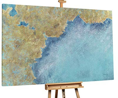 KunstLoft® XXL Gemälde 'Goldene Insel' 180x120cm | original handgemalte Bilder | Fluid Painting Türkis | Leinwand-Bild Ölgemälde einteilig groß | Modernes Kunst Ölbild