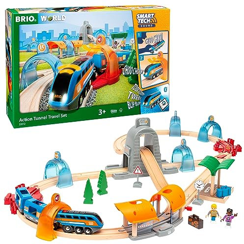 BRIO World 33972 Smart Tech Sound Action Tunnel Reisezug Set - Elektrischer Zug mit Schienen & Tunnel - Interaktives Spielzeug empfohlen ab 3 Jahren