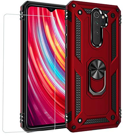 Joytag Compatibile per coverXiaomi Redmi Note 9S/Note 9 PRO，Custodia + Vetro temperato Silicone TPU 360 Grado Anello Girevole Magnetico Supporto Cassa del Telefono dell'auto Case-Rosso