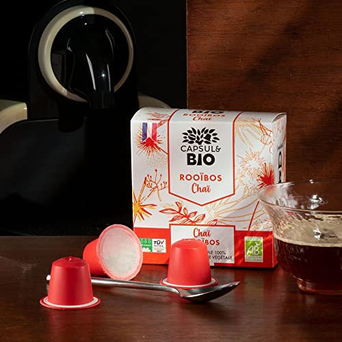CAPSUL&BIO Rooïbos Chaï - Compatible avec les machines à Capsules Nespresso - 10 Capsules Biodégradables, 100% Végétales - Rapide et Sain - Fabriqué en France.