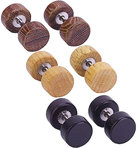 FBNDFUI5DVBU 3 Paar Ohrringe, Hanteln, Set aus Holz, Fake-Plugs, Fake Tunnel, Ohrringe aus Holz, rund, Fake Wood Plug – Bio-Ohrringe für Herren & Damen, Holz, Holz
