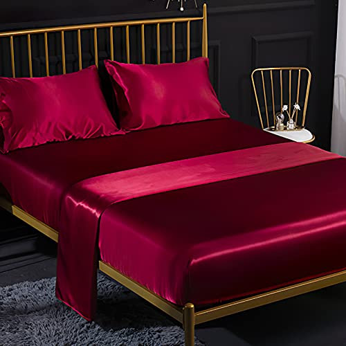 Jemiipee 4 Pezzi Completo Lenzuolo Letto Matrimoniale, 1 x Lenzuola Sotto con Angoli Tinta Unita 180x200 cm con 1 x Lenzuolo Piatto e 2 x Federe, Biancheria da Letto in Raso, Rosso Borgogna