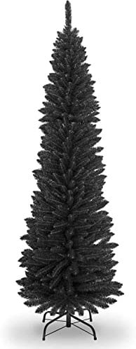 Pencil Slim Artificial Christmas Tree, Xmas Tree Easy Assembly Foldable Reusable Strong Metal Stand, Indoor Outdoor Decoration for Christmas(Black Pencil Slim Tree, 7 FT)