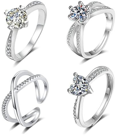 Aucuu 4PCS Kupfer-versilberter Ring Damen, einstellbare Ring Zirkonia ringe Damenring, Schmuck geschenk für Verlobung, Versprechen, Jahrestag
