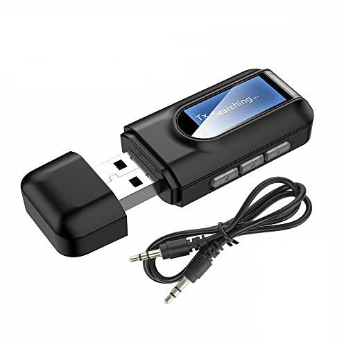 Adaptador Bluetooth 2 en 1, Transmisor y Receptor USB Bluetooth 5.0 con Pantalla LCD, Adaptador Inalámbrico AUX de 3,5mm para Auriculares, Altavoces, PC, TV, Coche