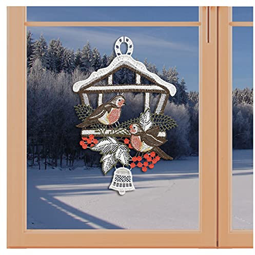 Klassisches Fensterbild Vogelhaus mit Winter-Vögeln Weihnachts-Fensterdeko aus Plauener Spitze