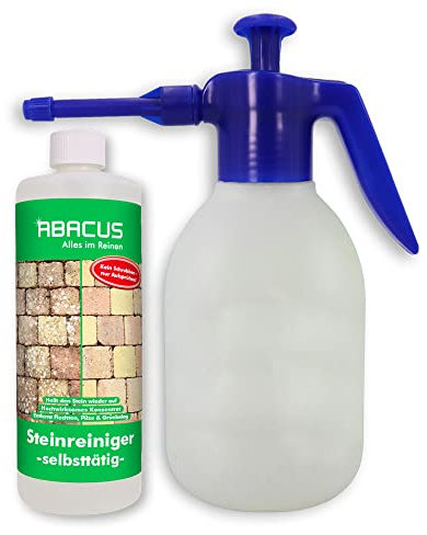 ABACUS® Steinreiniger Set, selbsttätiger Algenentferner & Flechtenentferner, 40% Wirkstoff, gegen Flechten & Algen auf Pflastersteinen – Steinreiniger 1000 ml inkl. Sprühflasche (7816.1)