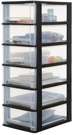Iris Ohyama, Kunststoff Schubladenbox mit 6 flachen Schubladen, Schwarz, Easy-Pull-System, A4, A5 & A6 Format, Schreibtisch Organizer für Büro, Schule, Schreibwaren, BPA-frei, Schubladenschrank,